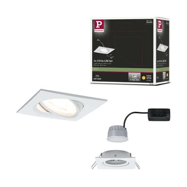 Paulmann Infälld LED lampa 3-Step-Dim Nova Coin 3-stegs dimmer vinkelformad 84x84 mm 50° Coin 6W 470lm 230V dimbar 2700K Vit matt