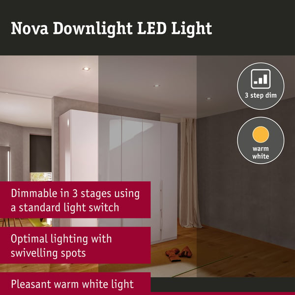 Paulmann Infälld LED lampa 3-Step-Dim Nova Coin 3-stegs dimmer Grundläggande set vinkelformad 84x84 mm 50° Coin 3x6W 3x470lm 230V dimbar 2700K Vit matt