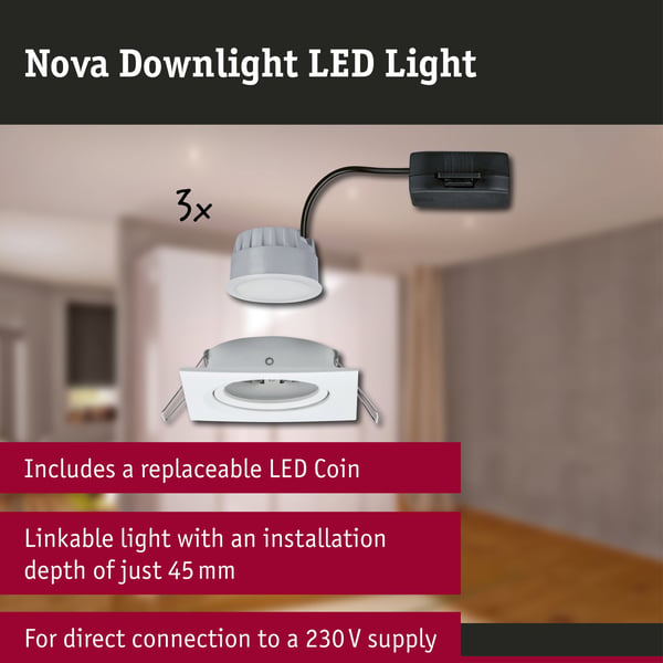Paulmann Infälld LED lampa 3-Step-Dim Nova Coin 3-stegs dimmer Grundläggande set vinkelformad 84x84 mm 50° Coin 3x6W 3x470lm 230V dimbar 2700K Vit matt