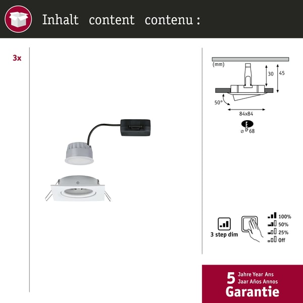 Paulmann Infälld LED lampa 3-Step-Dim Nova Coin 3-stegs dimmer Grundläggande set vinkelformad 84x84 mm 50° Coin 3x6W 3x470lm 230V dimbar 2700K Vit matt