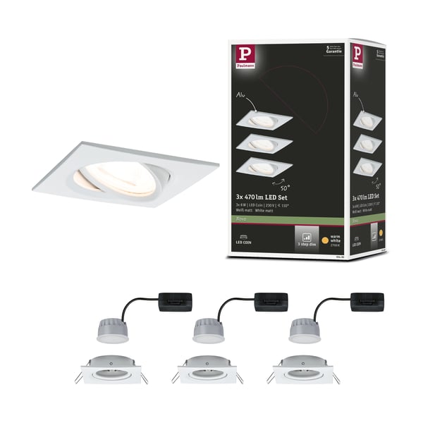 Paulmann Infälld LED lampa 3-Step-Dim Nova Coin 3-stegs dimmer Grundläggande set vinkelformad 84x84 mm 50° Coin 3x6W 3x470lm 230V dimbar 2700K Vit matt