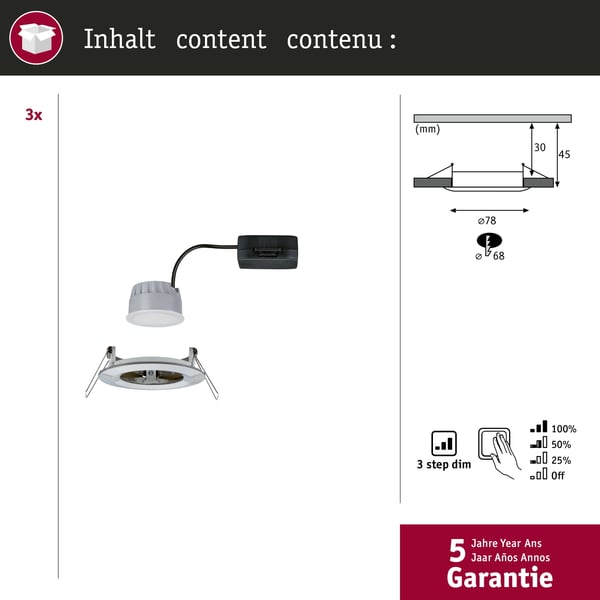 Paulmann Infälld LED lampa 3-Step-Dim Nova Coin IP44 rund 78 mm Coin 3x6W 3x470lm 230V dimbar 2700K Järn borstat
