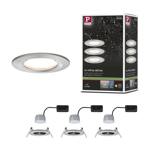 Paulmann Infälld LED lampa 3-Step-Dim Nova Coin IP44 rund 78 mm Coin 3x6W 3x470lm 230V dimbar 2700K Järn borstat