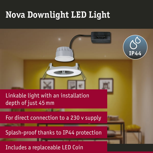 Paulmann Infälld LED lampa 3-Step-Dim Nova Coin IP44 rund 78 mm Coin 6W 470lm 230V dimbar 2700K Vit matt