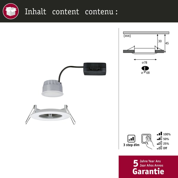 Paulmann Infälld LED lampa 3-Step-Dim Nova Coin IP44 rund 78 mm Coin 6W 470lm 230V dimbar 2700K Vit matt