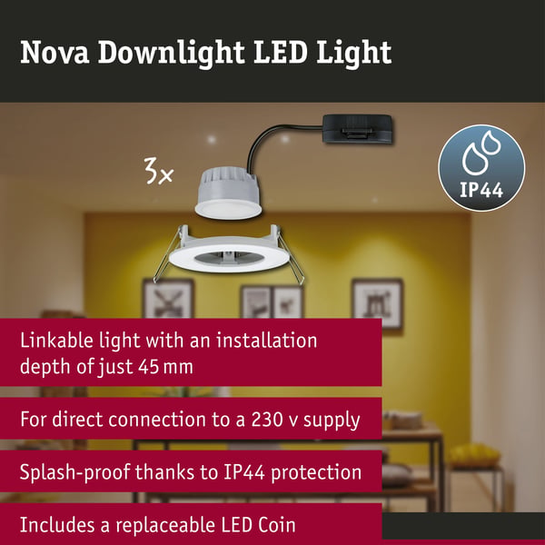 Paulmann Infälld LED lampa 3-Step-Dim Nova Coin IP44 rund 78 mm Coin 3x6W 3x470lm 230V dimbar 2700K Vit matt