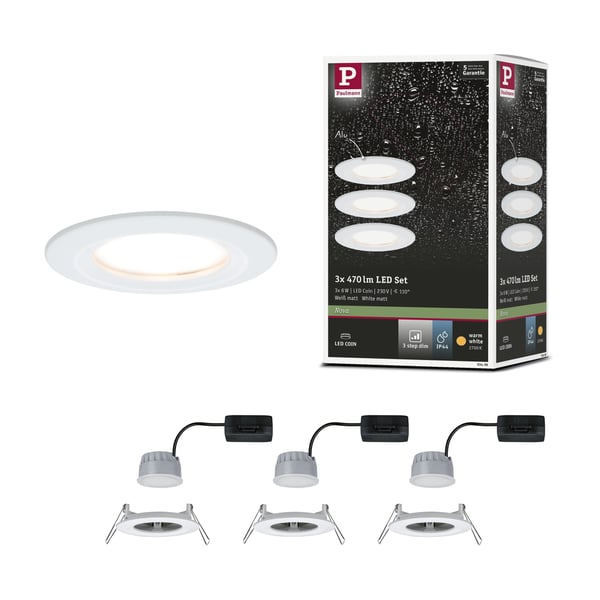 Paulmann Infälld LED lampa 3-Step-Dim Nova Coin IP44 rund 78 mm Coin 3x6W 3x470lm 230V dimbar 2700K Vit matt