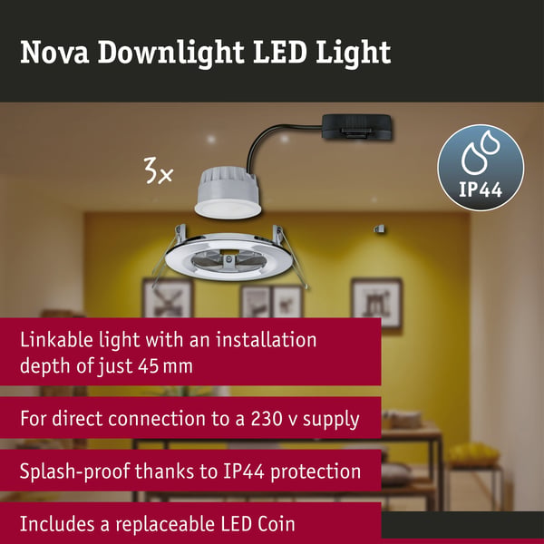 Paulmann Infälld LED lampa 3-Step-Dim Nova Coin IP44 rund 78 mm Coin 3x6W 3x470lm 230V dimbar 2700K Krom