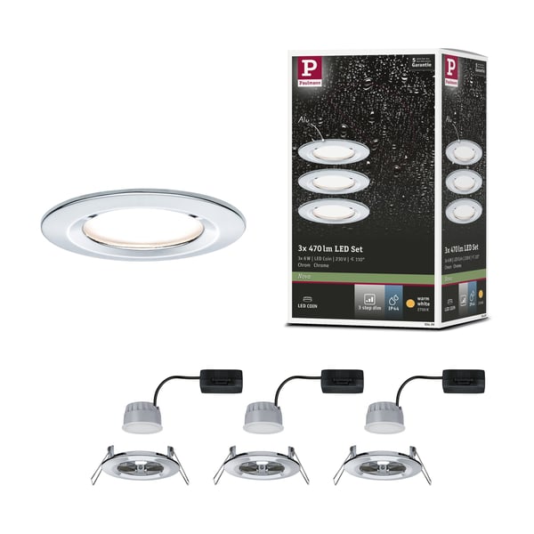 Paulmann Infälld LED lampa 3-Step-Dim Nova Coin IP44 rund 78 mm Coin 3x6W 3x470lm 230V dimbar 2700K Krom