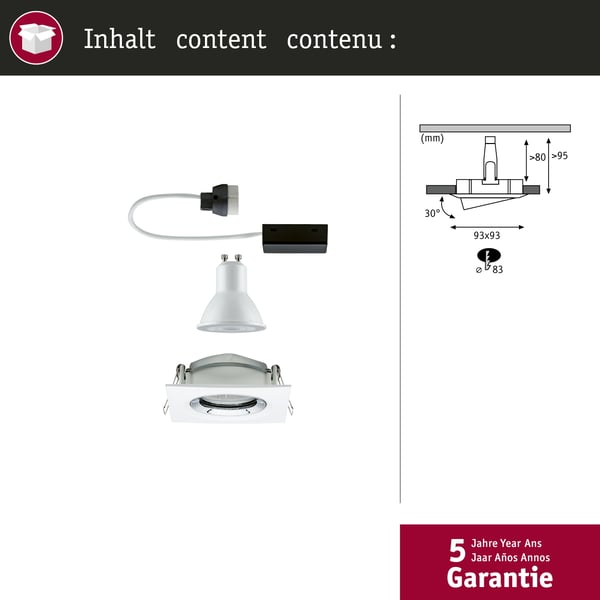 Paulmann Infälld LED lampa Nova Plus IP65 vinkelformad 93x93 mm 30° GU10 6W 470lm 230V dimbar 4000K Vit matt, Krom