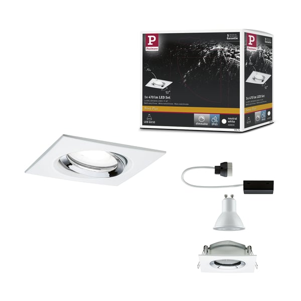 Paulmann Infälld LED lampa Nova Plus IP65 vinkelformad 93x93 mm 30° GU10 6W 470lm 230V dimbar 4000K Vit matt, Krom