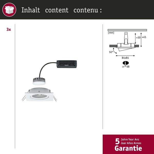 Paulmann Infälld LED lampa Nova Plus Coin vinkelformad 84x84 mm 50° Coin 3x6W 3x470lm 230V dimbar 2700K Vit matt