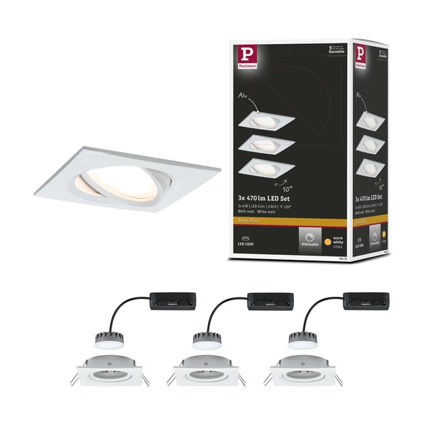 Paulmann Infälld LED lampa Nova Plus Coin vinkelformad 84x84 mm 50° Coin 3x6W 3x470lm 230V dimbar 2700K Vit matt