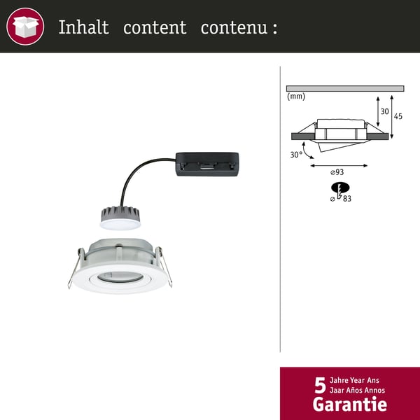 Paulmann Infälld LED lampa Nova Plus Coin IP65 rund 93 mm 30° Coin 6W 470lm 230V dimbar 2700K Vit matt