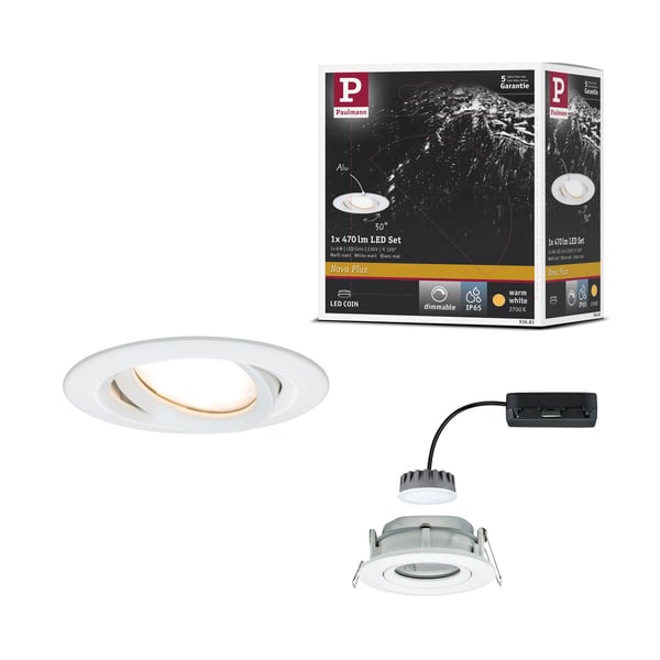 Paulmann Infälld LED lampa Nova Plus Coin IP65 rund 93 mm 30° Coin 6W 470lm 230V dimbar 2700K Vit matt