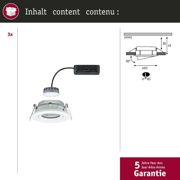 Paulmann Infälld LED lampa Nova Plus Coin IP65 rund 93 mm 30° Coin 3x6W 3x470lm 230V dimbar 2700K Vit matt