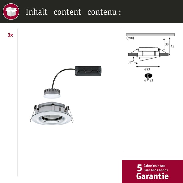 Paulmann Infälld LED lampa Nova Plus Coin IP65 rund 93 mm 30° Coin 3x6W 3x470lm 230V dimbar 2700K Krom