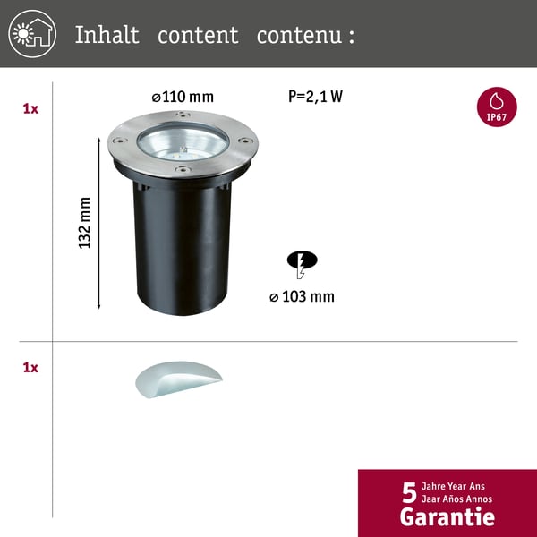 Paulmann LED infälld golvlampa IP67 rund 110 mm 2700K 1,2W 20lm 230V Rostfritt stål Metall