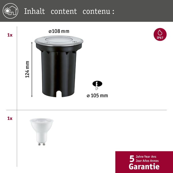 Paulmann LED infälld golvlampa IP67 rund 108 mm 3000K 3,5W 230lm 230V Rostfritt stål Metall