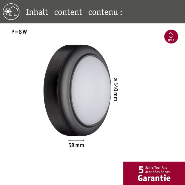 Paulmann LED vägglampa för utomhusbruk IP44 140 mm 3000K 8W 560lm 230V Grå Plast