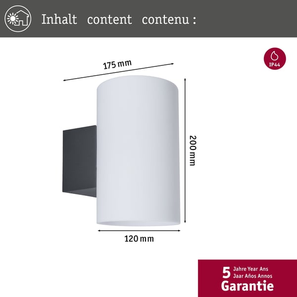 Paulmann Vägglampa för utomhusbruk Tube IP54 cylindrisk 120x200 mm max. 15W 230V Antracit Plast
