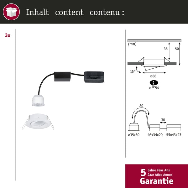 Paulmann Infälld LED lampa Nova Mini Coin rund 66 mm 15° Coin 3x4W 3x310lm 230V 2700K Vit matt