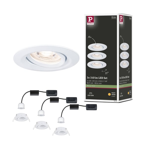 Paulmann Infälld LED lampa Nova Mini Coin rund 66 mm 15° Coin 3x4W 3x310lm 230V 2700K Vit matt