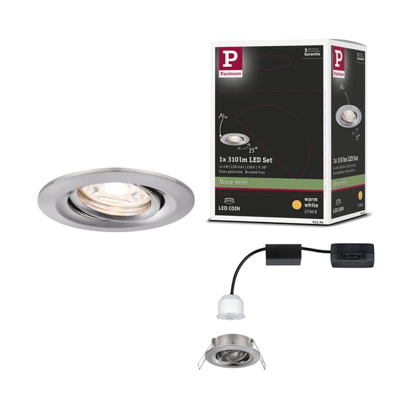 Paulmann Infälld LED lampa Nova Mini Coin rund 66 mm 15° Coin 4W 310lm 230V 2700K Järn borstat