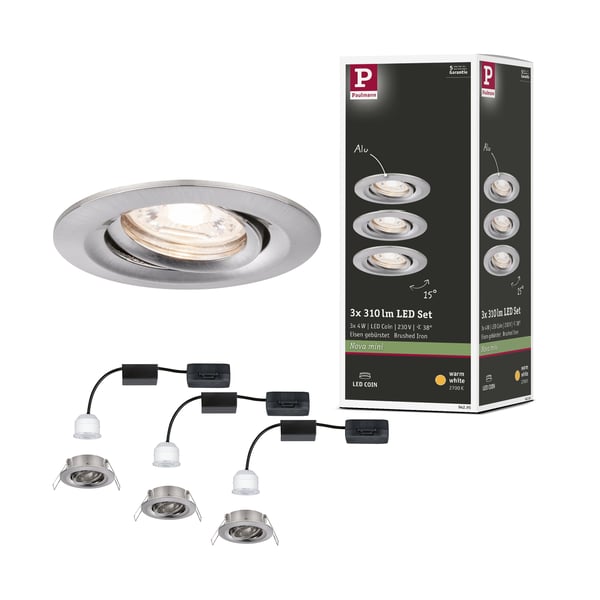 Paulmann Infälld LED lampa Nova Mini Coin rund 66 mm 15° Coin 3x4W 3x310lm 230V 2700K Järn borstat