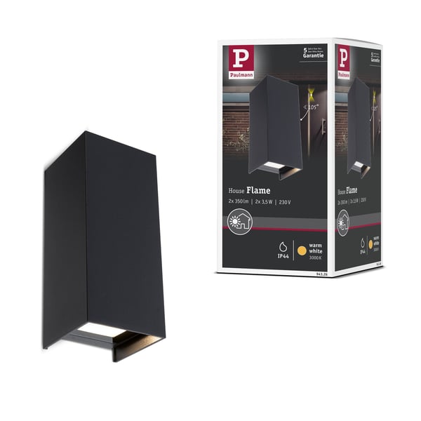 Paulmann LED vägglampa Flame IP44 vinkelformad 65x155 mm 3000K 2x2,8W 2x290lm 230V 105° Antracit Aluminium