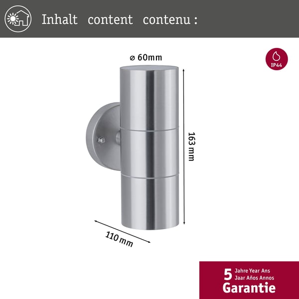 Paulmann Vägglampa Flame IP44 60 mm max. 2x10W 230V Rostfritt stål borstat Rostfritt stål