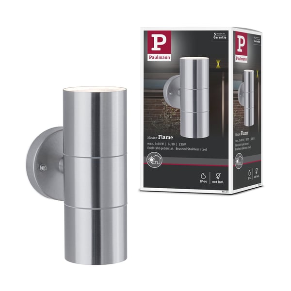 Paulmann Vägglampa Flame IP44 60 mm max. 2x10W 230V Rostfritt stål borstat Rostfritt stål