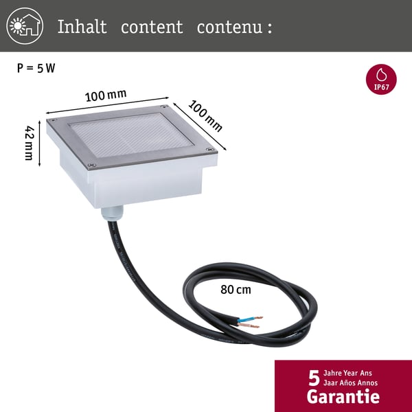 Paulmann LED infälld golvlampa Brick IP67 100x100 mm 3000K 0,8W 25lm 230V Aluminium, Grå Metall, Rostfritt stål