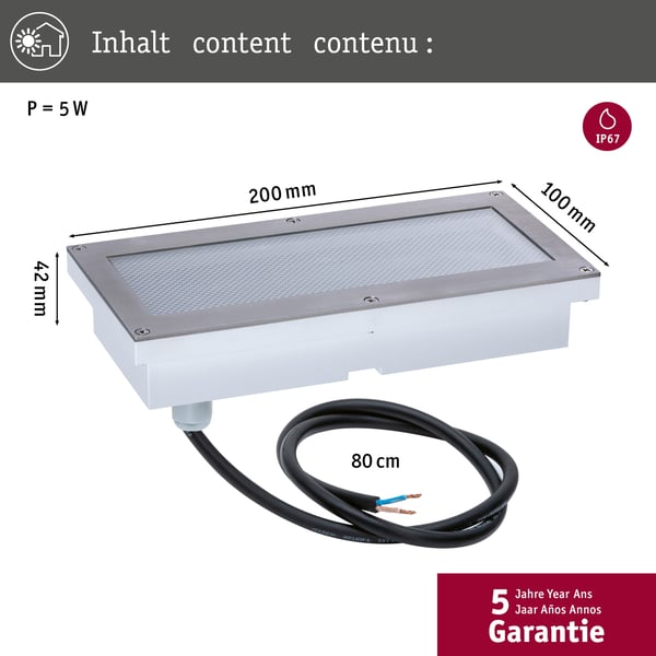 Paulmann LED infälld golvlampa Brick IP67 200x100 mm 3000K 1,6W 50lm 230V Aluminium, Grå Metall, Rostfritt stål