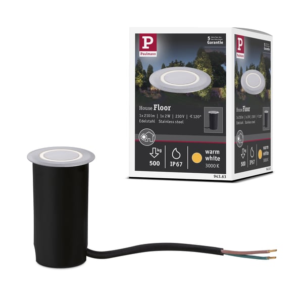 Paulmann House LED infälld golvlampa Varmvit IP67 rund 50 mm 3000K 2W 20lm 230V Rostfritt stål borstat Rostfritt stål, Plast