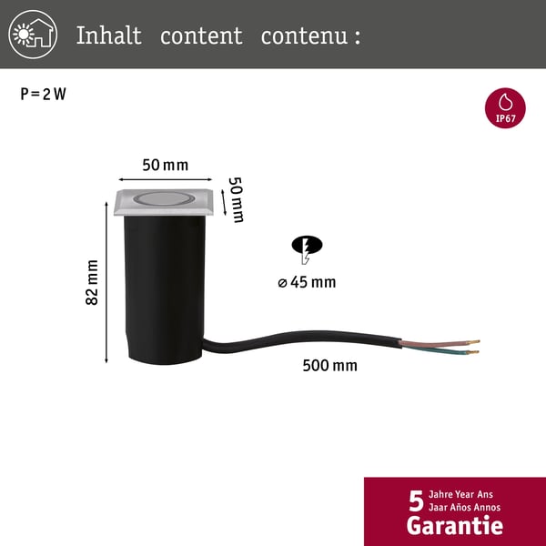Paulmann House LED infälld golvlampa Varmvit IP67 vinkelformad 50x82 mm 3000K 2W 20lm 230V Rostfritt stål borstat Rostfritt stål, Plast
