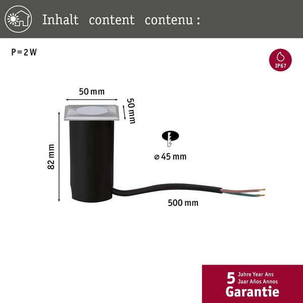 Paulmann House LED infälld golvlampa Varmvit IP67 vinkelformad 50x82 mm 3000K 2W 60lm 230V Rostfritt stål borstat Rostfritt stål, Plast