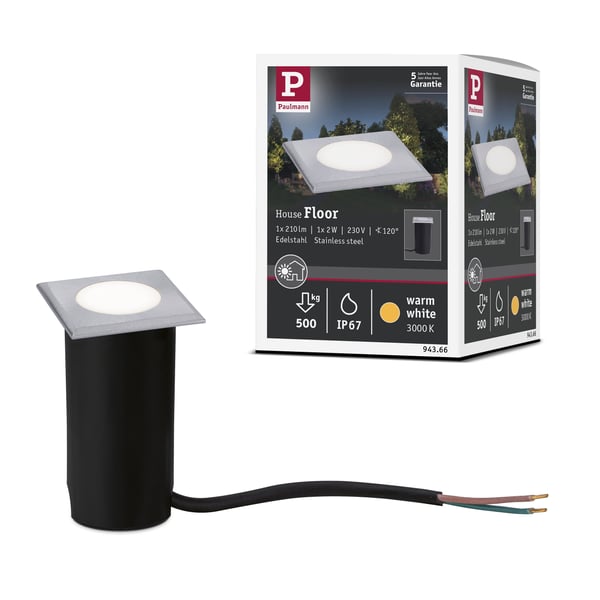 Paulmann House LED infälld golvlampa Varmvit IP67 vinkelformad 50x82 mm 3000K 2W 60lm 230V Rostfritt stål borstat Rostfritt stål, Plast