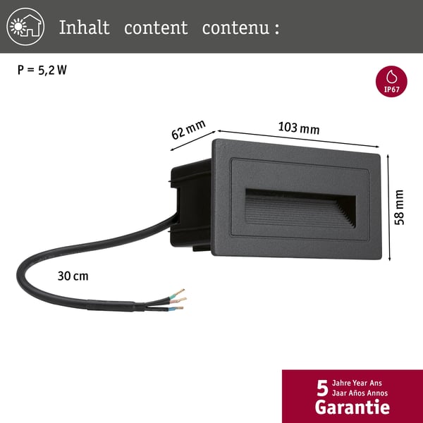 Paulmann LED vägglampa för utomhusbruk Long IP44 vinkelformad 103x62 mm 3000K 4W 30lm 230V Svart Aluminium
