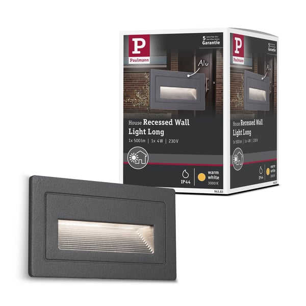 Paulmann LED vägglampa för utomhusbruk Long IP44 vinkelformad 103x62 mm 3000K 4W 30lm 230V Svart Aluminium