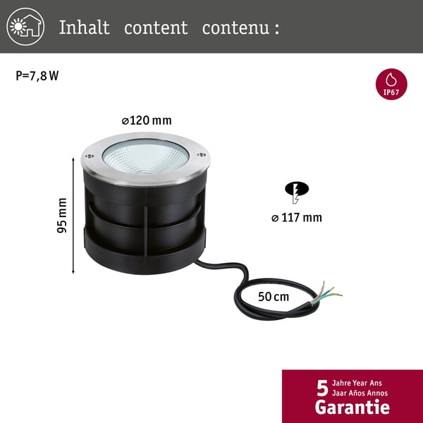 Paulmann LED infälld golvlampa Floor IP67 120 mm 3000K 6W 580lm 230V Rostfritt stål Rostfritt stål, Aluminium