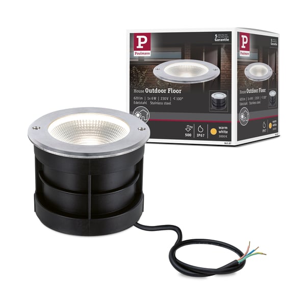 Paulmann LED infälld golvlampa Floor IP67 120 mm 3000K 6W 580lm 230V Rostfritt stål Rostfritt stål, Aluminium