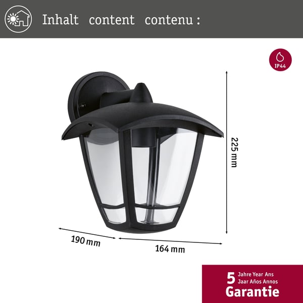 Paulmann Vägglampa för utomhusbruk Classic curved IP44 164x225 mm max. 12W 230V Klar, Svart Plast
