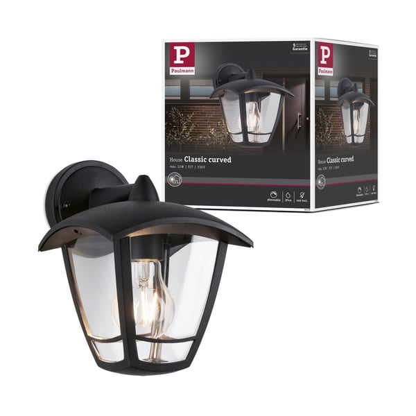 Paulmann Vägglampa för utomhusbruk Classic curved IP44 164x225 mm max. 12W 230V Klar, Svart Plast