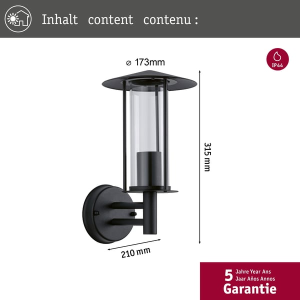 Paulmann Vägglampa för utomhusbruk Classic IP44 173 mm max. 15W 230V Mörkgrå Metall, Glas