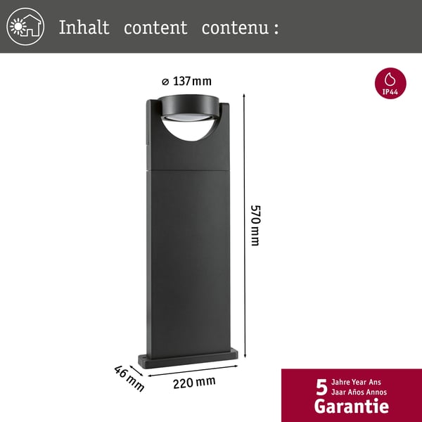 Paulmann LED pollare Swivea IP44 625 mm 3000K 8W 460lm 230V Antracit Aluminium