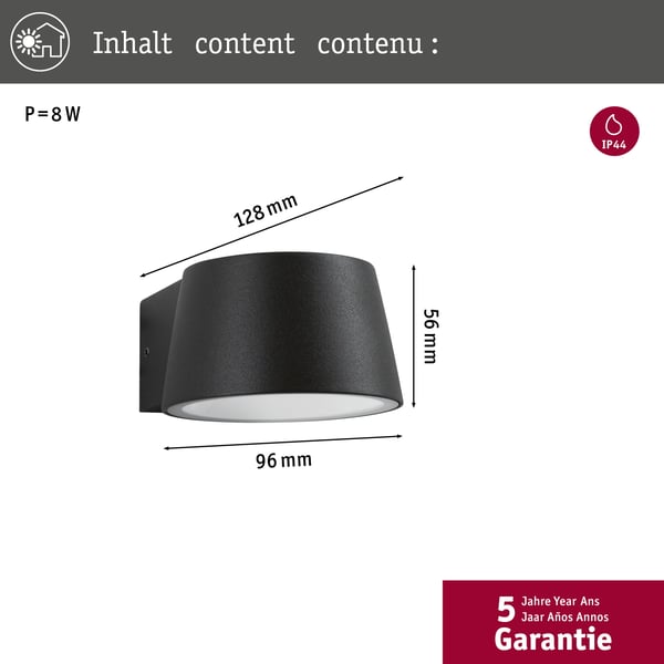 Paulmann LED vägglampa för utomhusbruk Capea IP44 96x128 mm 3000K 6W 500lm 230V 98° Antracit Aluminium