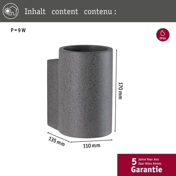Paulmann LED vägglampa för utomhusbruk Concrea IP65 110x170 mm 3000K 6,8W 300lm 230V Svart sandsten Betong