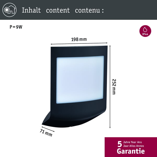 Paulmann LED vägglampa för utomhusbruk Smart Home Zigbee 3.0 Padea Skymningssensor IP44 198x252 mm Tunable Warm 8,2W 550lm 230V Antracit Plast