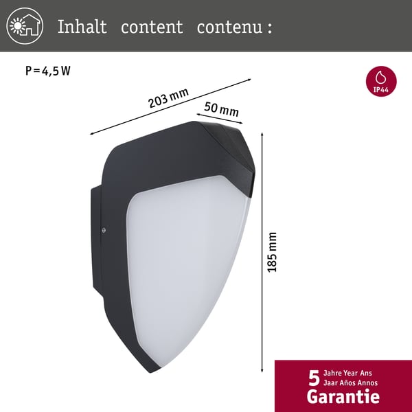 Paulmann LED vägglampa för utomhusbruk Ikosea IP44 50x203 mm 3000K 4,4W 350lm 230V Antracit Plast